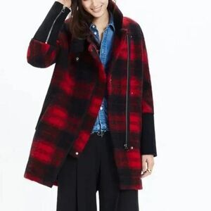 MADEWELL Red Plaid City Grid Coat Wool Blend Asymmetrical Zip Jacket Edgy SIZE 4